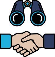 A hand shaking another hand with a pair of binoculars in the background vector