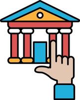 A hand is pointing at a building with red, yellow, and blue pillars vector