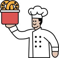 A chef is holding a basket of doughnuts and smiling vector