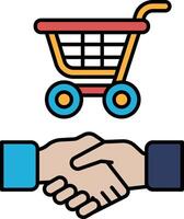 A hand shake between two people with a shopping cart in the background vector