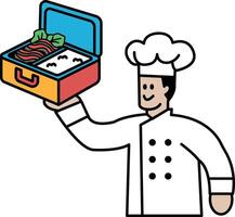 A chef is holding a lunch box with a smiling face on it vector
