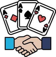 Three playing cards are shown with a handshake between them vector