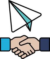 A hand shaking another hand with a paper airplane in the background vector