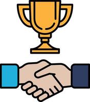 A golden trophy is shown with two hands shaking vector