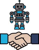 A robot is standing next to a person's hand, and the robot is smiling vector