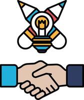 A hand shaking another hand with a light bulb in the background vector