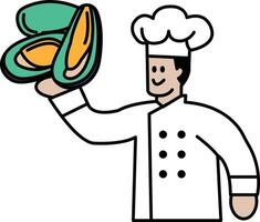 A chef is holding a shellfish in his hand vector