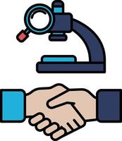 A hand shaking another hand with a microscope in the background vector