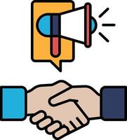 A hand shake between two people with a large speaker in the background vector