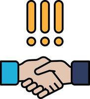 A hand shaking another hand with a yellow exclamation point in the background vector