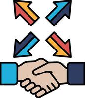 A hand shaking another hand with a blue arrow pointing to the right vector