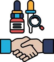 A hand shaking another hand with a bottle and a syringe in the background vector