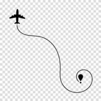 A dotted line shows the flight route of an airplane, illustrating air travel navigation and journey path for tourism or aviation tracking purposes in a simple, clean style. vector