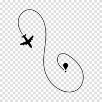 Flight route shown by a dashed line behind a plane, symbolizing air navigation, trip planning, and travel progress. vector