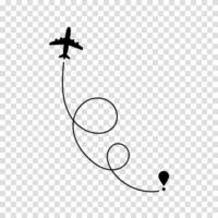 A planes flight path marked by a dotted trail symbolizing travel direction, navigation, and route tracking for tourism or aviation services. vector