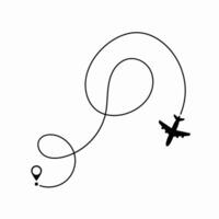 Flight path shown by a dashed trail behind a plane, representing air travel navigation, journey mapping, and trip tracking. vector