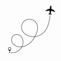 A planes flight route illustrated with a dotted line, representing travel navigation, itinerary, and flight progress. vector