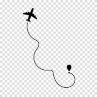 Flight path represented by a dotted line trailing an airplane, illustrating travel itinerary, air navigation, and flight route tracking for tourism purposes. vector