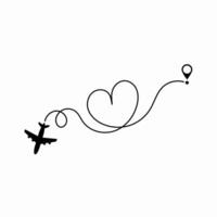 Love concept. A planes journey marked by a dotted trail, symbolizing flight progress and travel route, ideal for illustrating tourism routes or aviation path tracking. vector