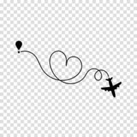 Love concept. Planes journey marked by a dotted trail, symbolizing flight progress and travel route, ideal for illustrating tourism routes or aviation path tracking. vector