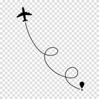 Plane following a dotted path illustrating its flight journey, useful for travel route visualization and flight tracking. vector