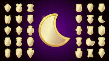 Set of golden heraldic shields. Realistic design with glossy and glass effect, medieval protection symbols, elegant armor elements, classic emblem collection. vector