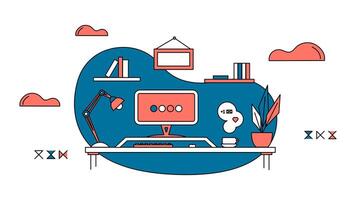 Freelancer organization concept. Home workplace. Benefits of remote work, limitations and workflow. Scene of work organization and home workflow improvement. Abstract business concept. vector