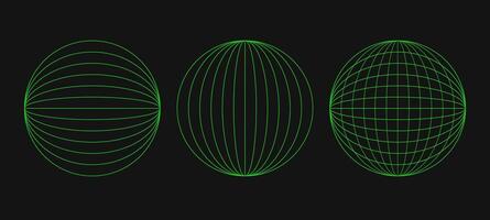 Abstract cyberpunk elements and perspective green grids on a spheres. Psychedelic y2k shapes. Rave elements or trendy psychedelic signs. Surreal geometric retro futuristic set. vector