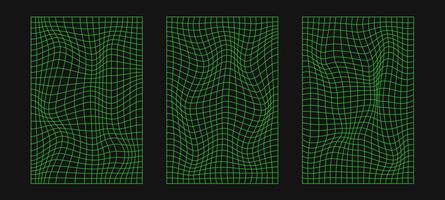 Surreal geometric set with wireframes, cyberpunk grids, dark spheres, rave-inspired elements, retro futuristic Y2K signs, techno visuals, and abstract digital shapes. vector