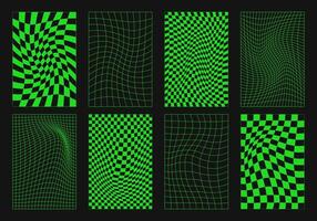 Collection of cyberpunk visuals, Y2K wireframes, techno grid shapes, psychedelic spheres, surreal geometric elements, and futuristic rave design. vector
