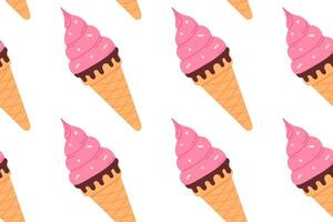 Seamless pattern of pink ice cream cones with swirls on white background, great for sweet dessert visuals and food-themed design vector
