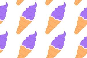 Seamless pattern of purple ice cream cones with swirl tops on white background, ideal for playful dessert and summer visuals vector