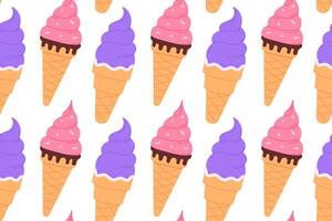 Seamless pattern of pink and purple ice cream cones with swirl tops on white background, great for fun and colorful dessert themes vector