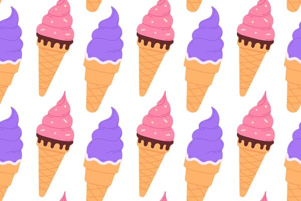 Seamless pattern of pink and purple ice cream cones with swirl tops on white background, great for fun and colorful dessert themes