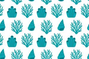 Seamless ocean pattern with teal tube corals, seaweed, and reef branches in a clean minimal layout on white vector