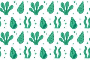 Seamless ocean-inspired pattern with green seaweed and stylized water drops on a clean white background vector