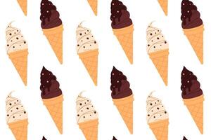 Seamless pattern with alternating chocolate and beige ice cream cones on white background, perfect for gourmet dessert visuals vector