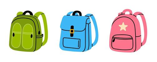 Set of three colorful backpacks in green, blue, and pink, each with unique design details vector