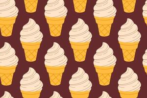 Seamless pattern of beige soft serve ice cream cones on dark brown background, great for stylish dessert packaging and food visuals vector