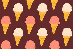 Seamless pattern of peach and vanilla ice cream cones on dark brown background, perfect for dessert-themed packaging, prints, and summer visuals vector