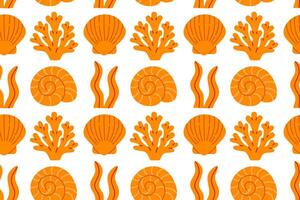 Seamless pattern with orange shells, corals, and stylized seaweed on a white background, perfect for marine textile or packaging vector
