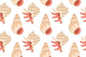 Seamless marine pattern with beige conch shells and red coral branches on a white background, ideal for beach and summer designs vector
