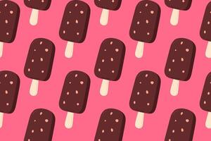 Seamless pattern of chocolate ice cream with crunchy bits on pink background, ideal for fun dessert packaging or summer food design vector