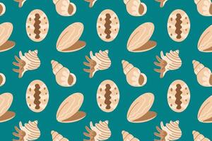 Seamless pattern with different shell types including cowrie, clams, and conch on a deep teal background for marine-themed projects vector