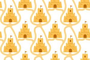 Creative seamless pattern with sandcastles connected by winding paths. Great for kids' backgrounds, playful prints, and beach decor. vector