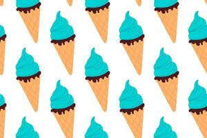 Seamless pattern of blue ice cream cones with swirls on white background, ideal for cool dessert visuals or playful summer designs vector