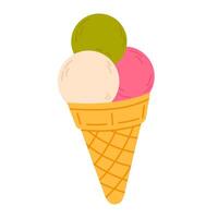 Ice cream cone with three scoops in different colors and flavors on white background, perfect for dessert and summer-themed designs vector