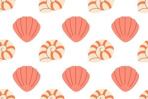 Seamless pattern with pink scallop shells and spiral nautilus shells on a white background, perfect for feminine beach designs vector