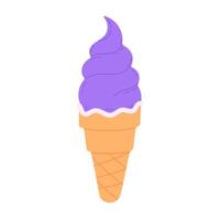 Purple ice cream cone with light cream trim and swirl top on white background, fun and colorful dessert design element vector