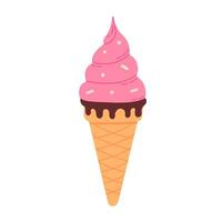 Pink ice cream cone with chocolate glaze and soft swirl on white background, perfect for dessert and sweet-themed visuals vector